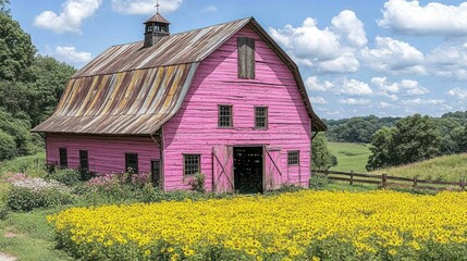 Rustic Pink Barn Surrounded by Sunflowers in the Countryside