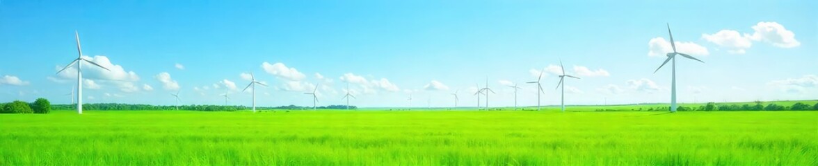 Vibrant Green Field of Wind Turbines Generating Clean Energy Under a Bright Blue Sky
