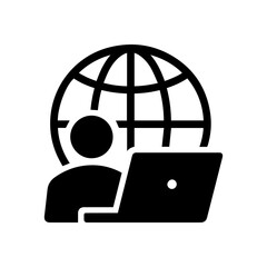 Businessman working on his laptop global icon isolated on white