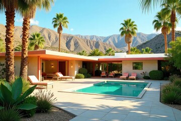 Fototapeta premium Mid-Century Modern Palm Springs Home Tranquil Desert Oasis Bathed in California Sunshine