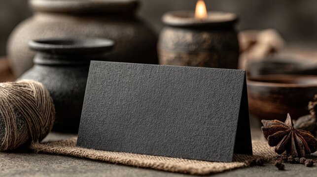 Dark business card mockup on burlap with spa vases and candle for product promotion