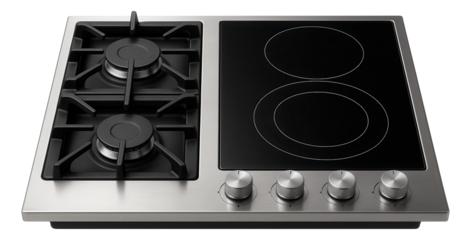 A dual-fuel cooktop combining gas and electric elements, ideal for a professional chef?s home kitchen setup.