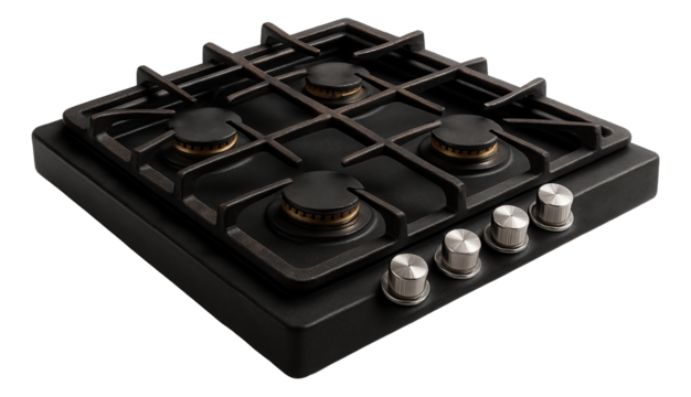 A robust cast iron gas cooktop for a rustic farmhouse kitchen, with a weathered patina and classic design.