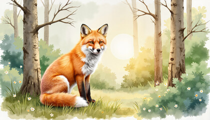Obraz premium Red fox sitting in a forest clearing during sunrise with foliage 