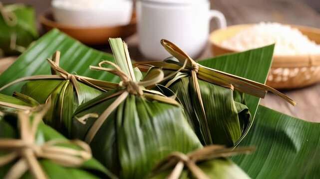 Close-up of several pyramid-shaped leaf parcels tied with string on a banana leaf platter.