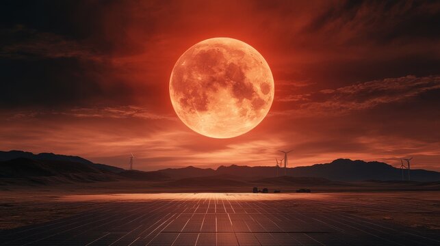 Large red moon over solar panels and wind turbines in a desert landscape - Powered by Adobe