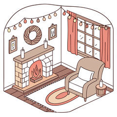 Isometric view of a cozy living room with a fireplace armchair window and christmas decorations around room