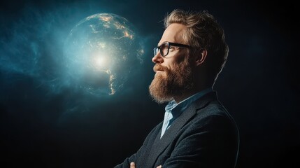 A thoughtful man with glasses looks at a glowing digital Earth in a dark, futuristic setting.