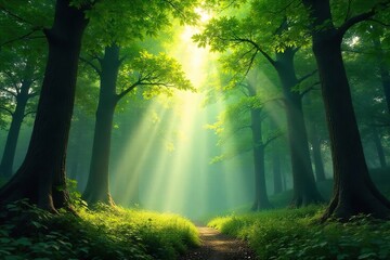 Obraz premium Magical Forest Canopy Sunbeams Dance Through Leaves, Creating a Tranquil Summer Scene Perfect for Nature Documentaries and Calming Backgrounds