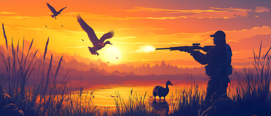 A hunter aims at flying ducks during a vibrant sunset in a scenic landscape, a powerful wildlife hunting scene near the tranquil lake.