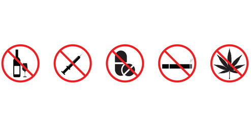 Say no to drugs. Set of drugs prohibiting icons vector.