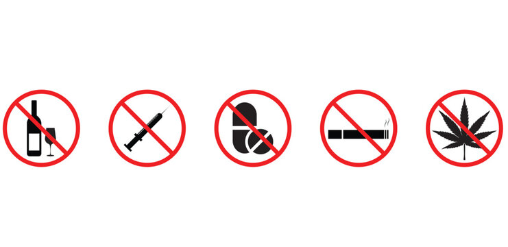 Say no to drugs. Set of drugs prohibiting icons vector.