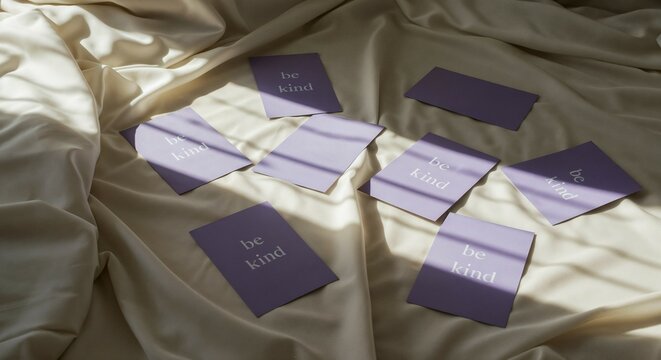 Colorful affirmation cards scattered on soft fabric background  
