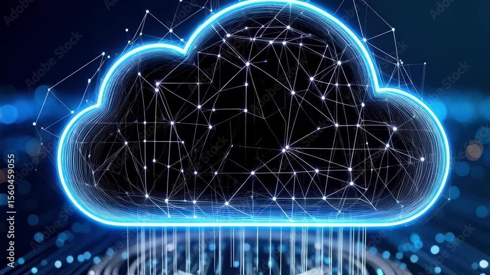 Aufkleber abstract glowing cloud computing concept with polygonal network and concentric circles in a dark blu
