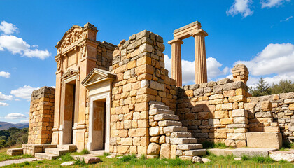 Ancient stone ruins with columns under blue sky and clouds  