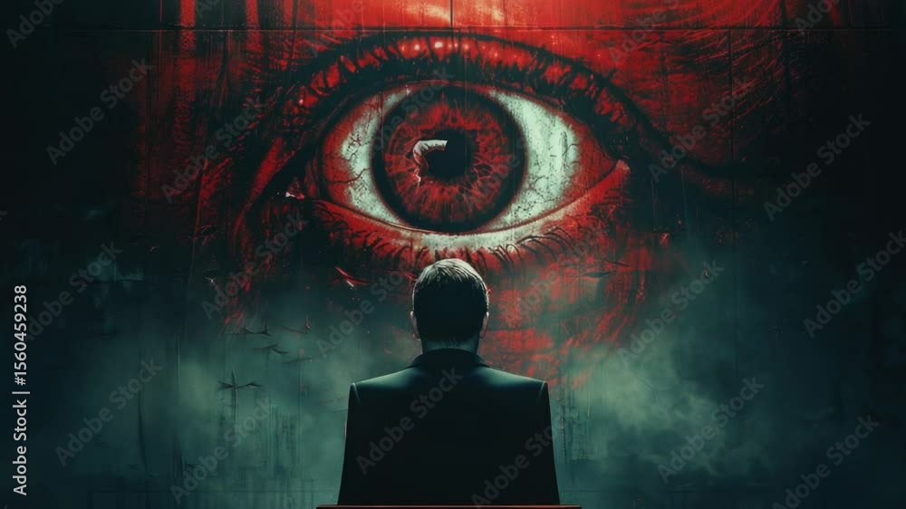 Aufkleber a man stands in front of a large canvas with a painting of an eye, the image is surreal and thought-