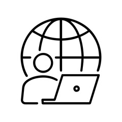 Businessman working on his laptop global icon isolated on white line style
