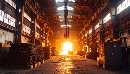 Fototapeta premium Massive Warehouse with Rusty Conveyor Belts and Firelight Glow