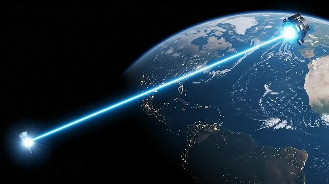 Satellite emitting a blue laser beam towards Earth, showcasing space technology and global connectivity