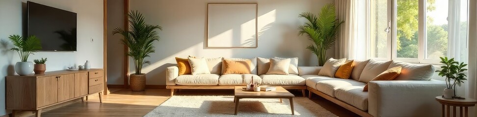 Serene Minimalist Living Room Natural Light, Comfortable Furniture, Perfect for Relaxation in a Cozy Single-Occupancy Home