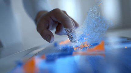 Photo of hands interacting with a futuristic holographic display showing complex business graphs and data visualizations in a modern office.