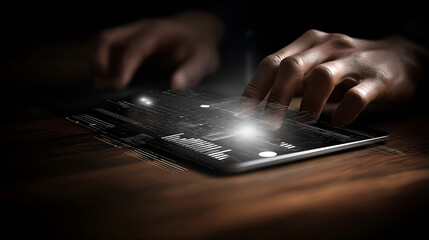 Photo of hands interacting with a futuristic holographic display showing complex business graphs and data visualizations in a modern office.
