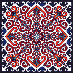 Ornamental winter pattern with festive red and blue symmetry inspired by Central Asian nomadic art