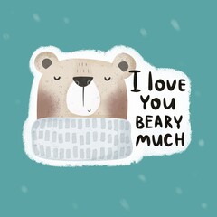 I love you beary much. Cartoon cute bear, hand drawing lettering, hearts, decor elements. Colorful illustration for children. baby design for print in the nursery, poster decoration, cards