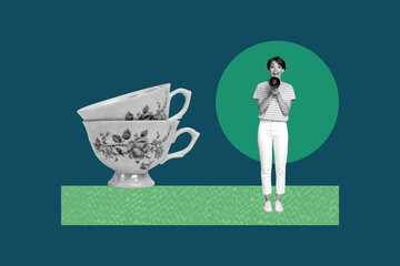 Poster image vertical photo collage of happy girl guy stand coffee cup drink herbal tea beverage...