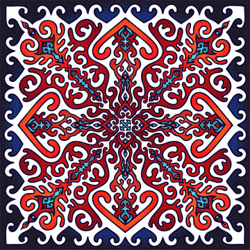 Ornamental winter pattern with festive red and blue symmetry inspired by Central Asian nomadic art