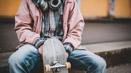 Photo of a teenager (16-17 years old) with stylish headphones, sitting casually on a skateboard in an urban park, absorbed in music.