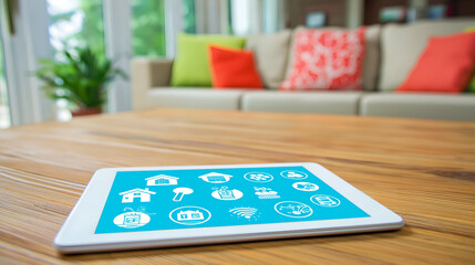 Photo of a modern tablet displaying an intuitive smart home interface, with a blurred background of a living room.