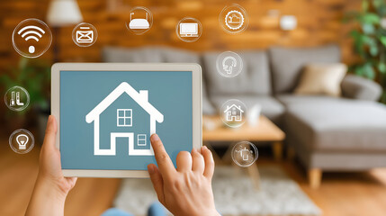 Photo of a modern tablet displaying an intuitive smart home interface, with a blurred background of a living room.