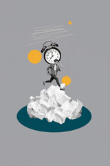 Contemporary art pop image collage of happy businesswoman businessman stand crumpled paper mess...