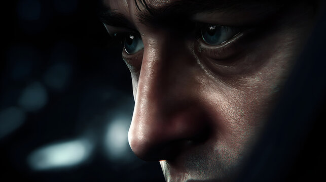 Detailed portrait of a thoughtful man (40s-50s) with a furrowed brow, looking out a window.