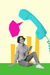 3d vertical poster artwork collage of happy manager girl guy stand telephone handset...