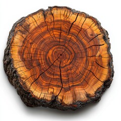 Aged Cut Wood Log Displaying Tree Rings and Bark Against a Plain Background
