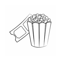 Handdrawn of popcorn in a striped box with a movie ticket on a cinema