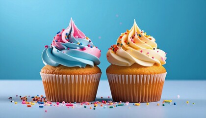 Two pastel pink and blue cupcakes, side view