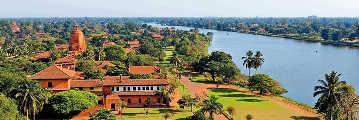 Scenic Overview of Auroville, India: Buildings, Lush Greenery, a