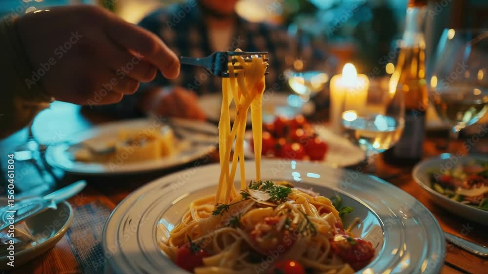 Poster close-up shot of pasta being consumed with a fork