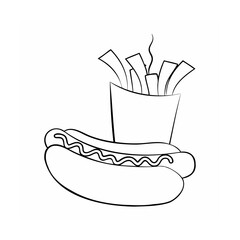 Handdrawn of a Hot Dog with Mustard French Fries in a Paper Container hotdog food
