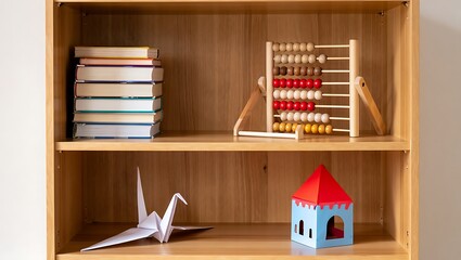 Wooden Bookcase with Books Abacus Origami Crane and Toy House