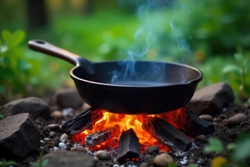 Rustic Cast Iron Campfire Cooking Delicious Outdoor Meal Prep, Glowing Embers, Lush Greenery, Natural Light, Perfect for Camping and Adventure