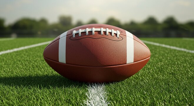 American football ball resting on a field