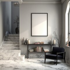 Modern hall with marble stairs and empty framed art