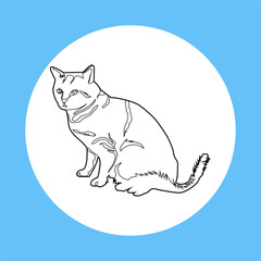 A clean and simple black and white line art illustration of a sitting tabby cat. This minimalist drawing captures the characteristic stripes and alert posture of a domestic feline