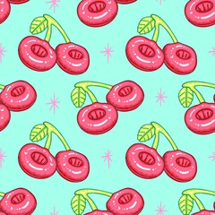 Cherry rubber ring Seamless Pattern With mint green background