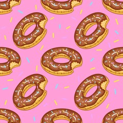 Seamless pattern of chocolate donut rings with rainbow sprinkles on pink background.