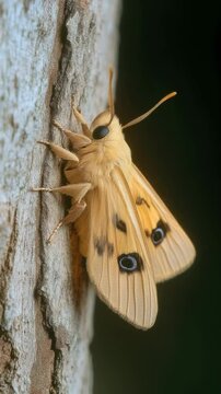 Bright yellow moth resting on tree bark with striking black spots and large eyes, showcasing nature's intricate designs in the wild